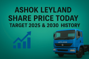 Ashok Leyland share price today with blue commercial truck, stock market rising chart, financial trend arrow, green-blue gradient background and future target 2025 & 2030 visual.