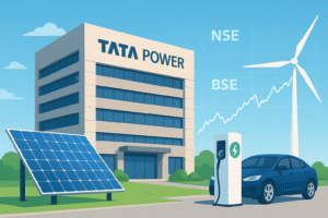 Tata Power headquarters with solar panels, wind turbines, EV charging stations and a rising NSE BSE stock chart in the background, clean energy theme, realistic 16:9 illustration